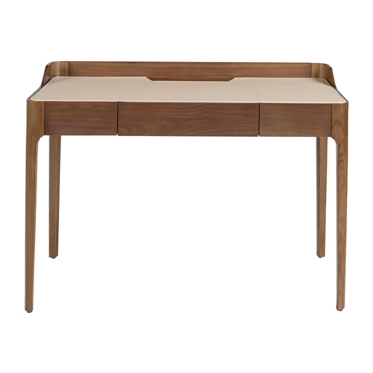 Escritorio tocador en madera chapada en nogal natural combinado con un elegante tapizado en polipiel en crema 116x55x82cm