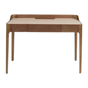 Escritorio tocador en madera chapada en nogal natural combinado con un elegante tapizado en polipiel en crema 116x55x82cm