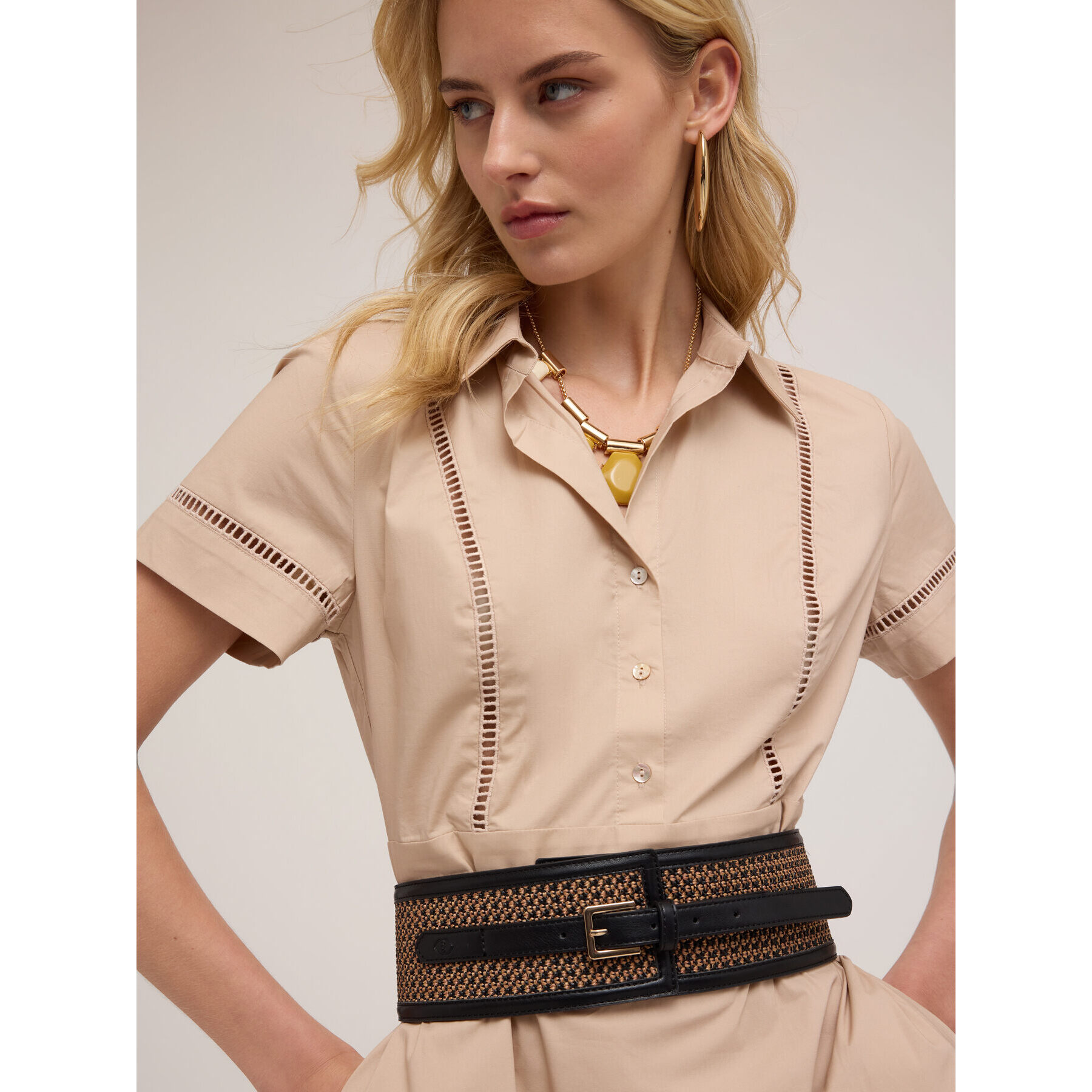 Motivi - Vestido camisero con ajouré - Beige