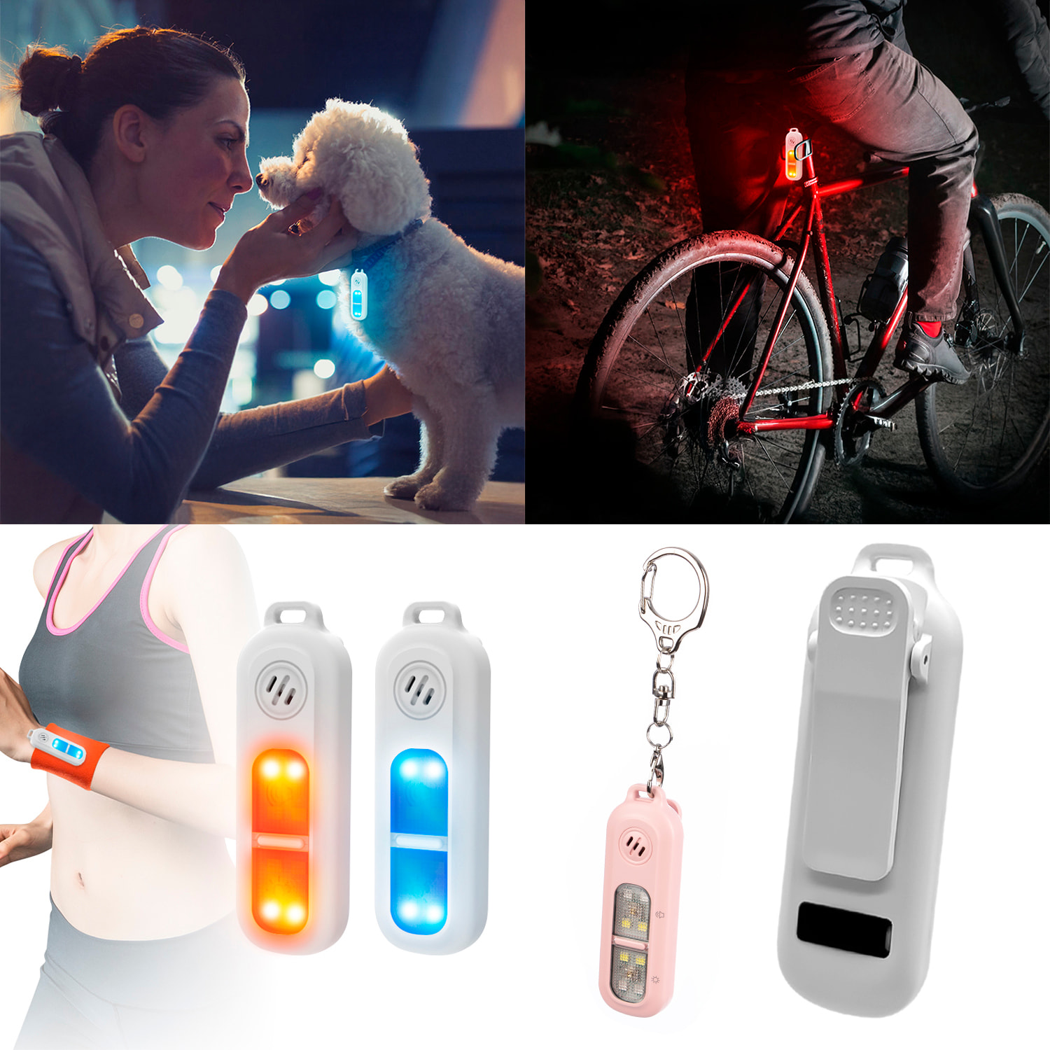 Allarme SOS personale con luce LED brillante bianca, rossa e blu, suono di 130 dB. Batteria ricaricabile e attivazione rapida mediante pressione.