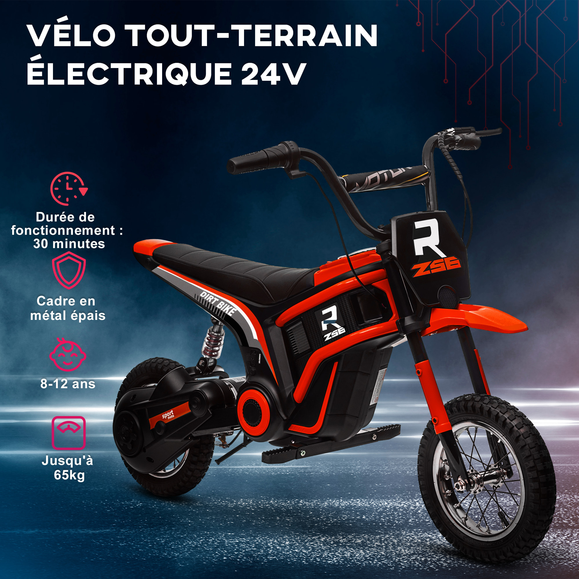 Moto cross électrique dirt bike enfant 350W 12V 2 vitesses 8-16 Km/h rouge noir