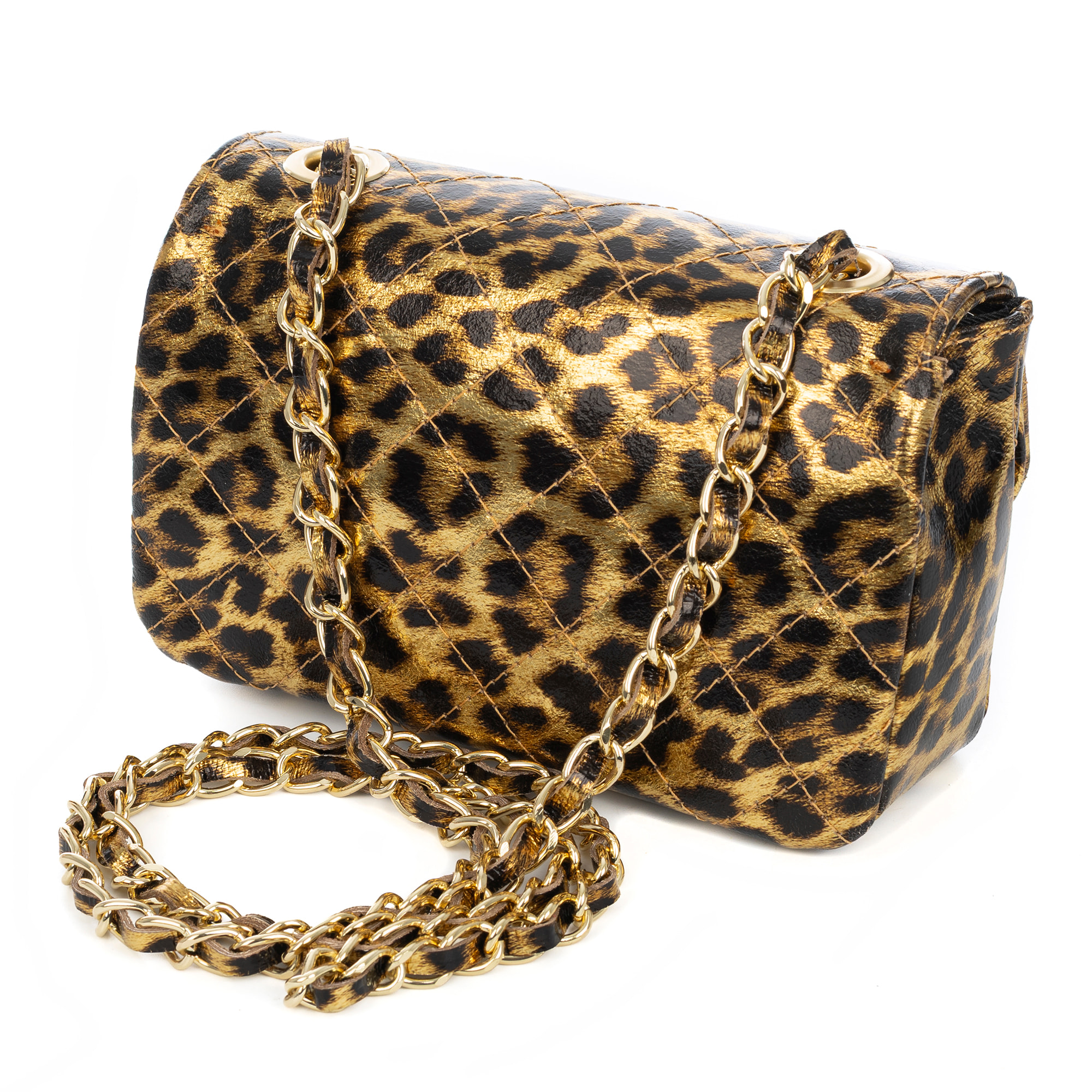 Amaro borsa a tracolla donna. Pelle scamosciata autentica imbottita, stampa animale leopardo, laccato lucido.