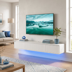 Meuble TV design suspendu flottant LED station charge intégrée blanc