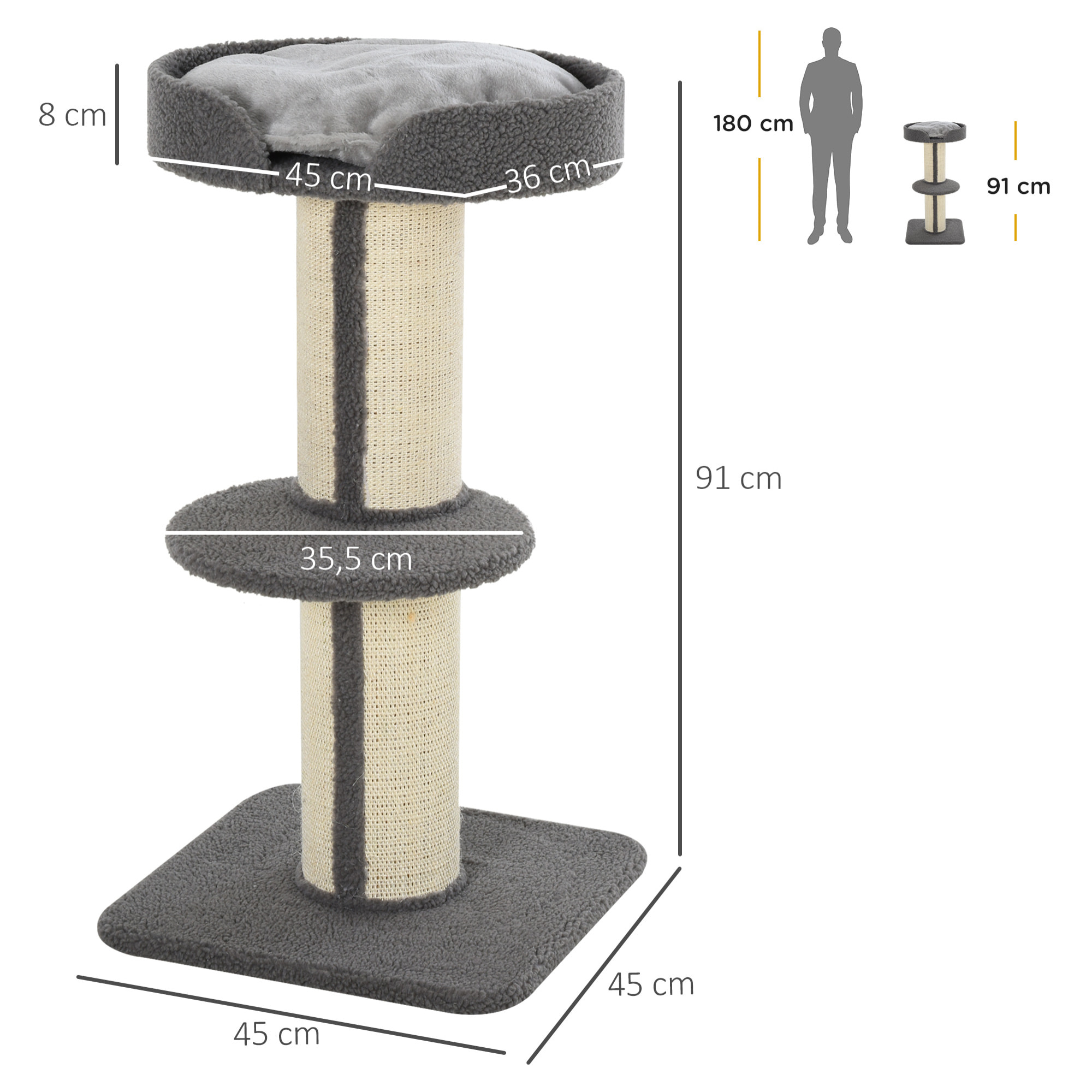 Árbol Rascador para Gatos Altura 91 cm Árbol para Gatos Torre para Gatos de 3 Niveles con Nido Plataforma y Poste de Sisal 45x45x91 cm Gris