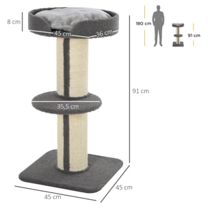 Árbol Rascador para Gatos Altura 91 cm Árbol para Gatos Torre para Gatos de 3 Niveles con Nido Plataforma y Poste de Sisal 45x45x91 cm Gris