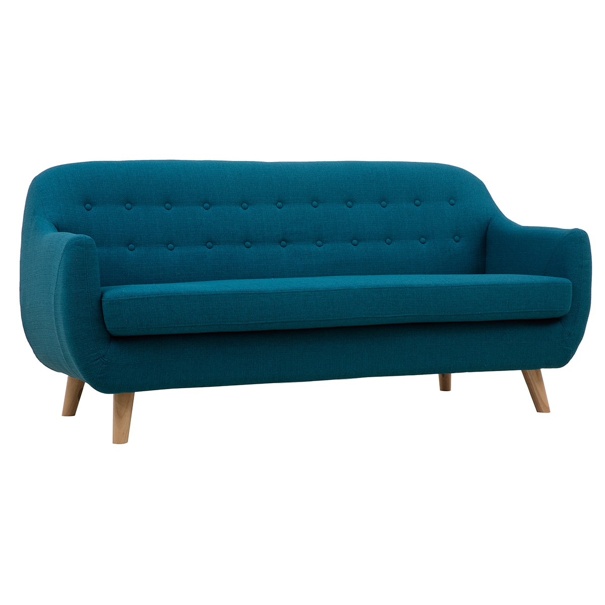 Canapé scandinave déhoussable 3 places en tissu bleu canard et bois clair YNOK