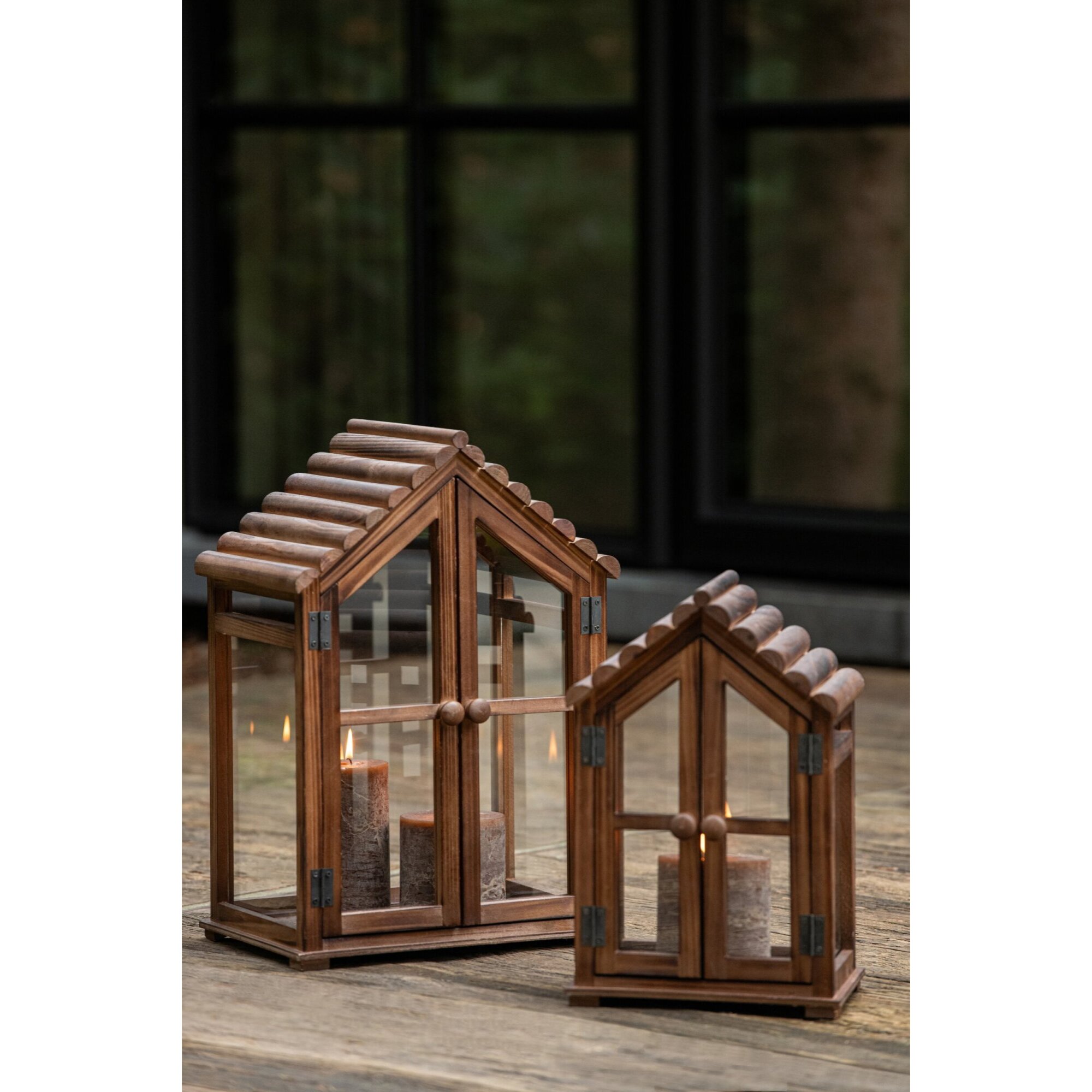 J-Line Set de 2 lanternes - bois de sapin - marron