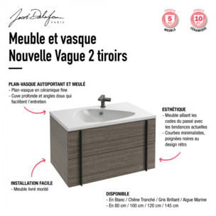 Meuble de salle de bain 145 cm Nouvelle Vague chene tranché + tiroir rack + colonne 2 portes + miroir + pied