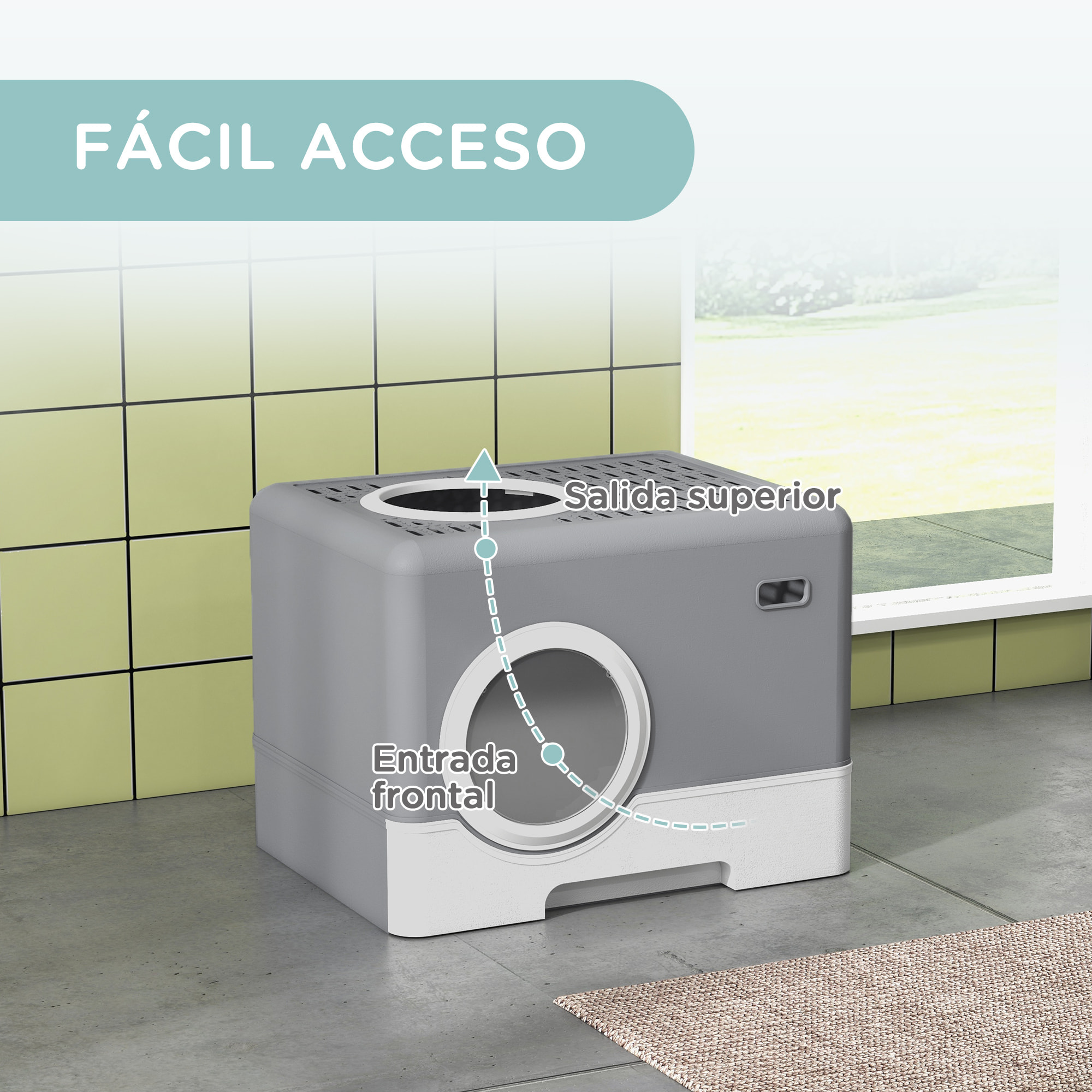 Arenero para Gatos Cubierto, Caja de Arena para Gatos con Bandeja Extraíble, Entrada Frontal y Salida Superior, Pala, Fácil de Limpiar, Antifugas, Gris