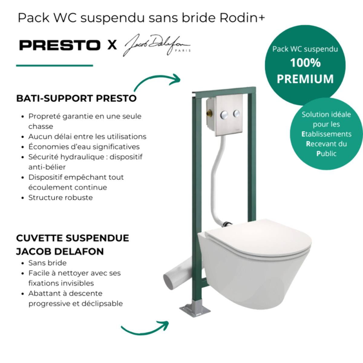 Pack WC suspendu sans bride Rodin+ + Abattant frein de chute + Bâti-support autoportant PRESTO + Plaque chromée