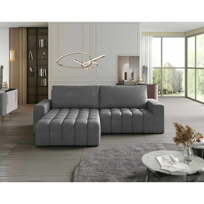 Cordova - canapé d'angle gauche 4 places convertible avec coffre en velours - Gris clair