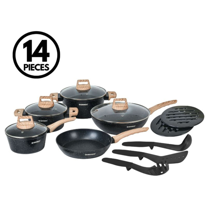 Batterie de cuisine 14 pièces avec revêtement en granit et manche en bois Noir Herzberg HGWDMRB14-BLK