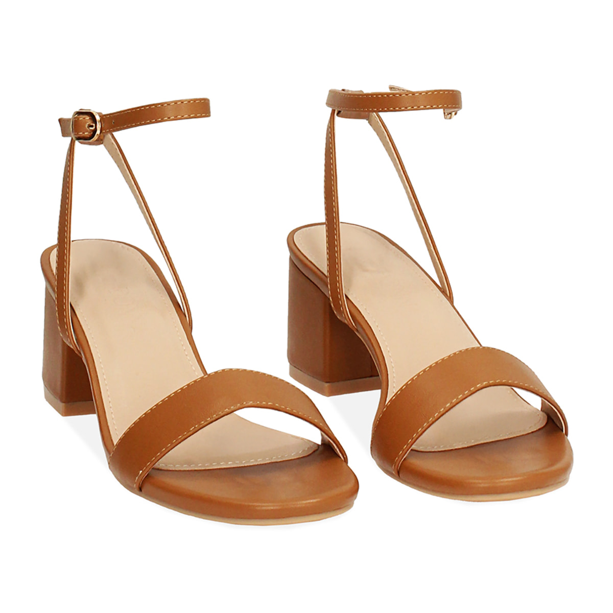 Sandalo donna cognac, tacco largo 5,5 cm
