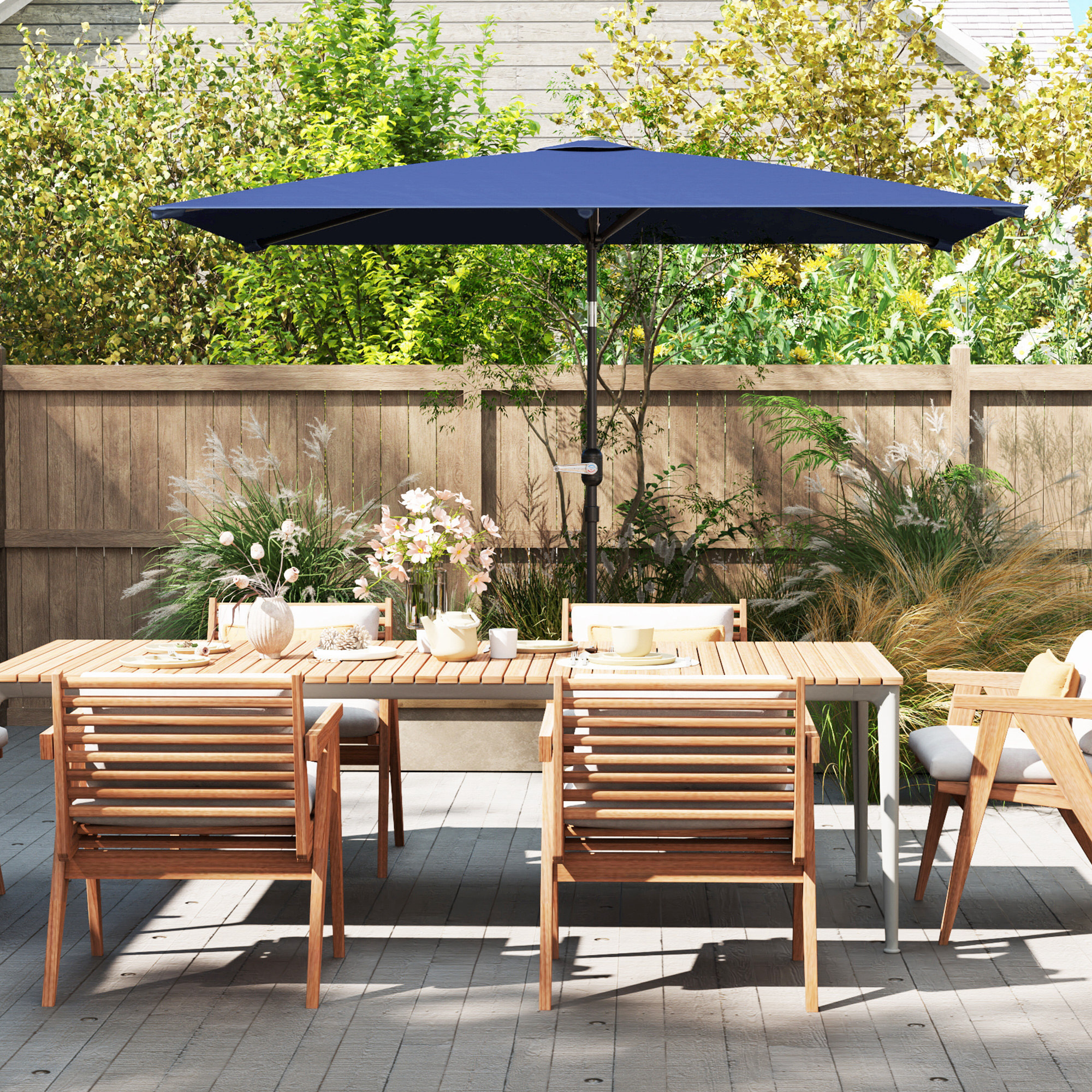 Sombrilla de Terraza Exterior, 198x294 cm, Parasol de Terraza Exterior con Ángulo Ajustable, Manivela, Mástil de Aluminio Desmontable y Anti-UV, Sombrilla para Jardín, Patio, Azul Marino