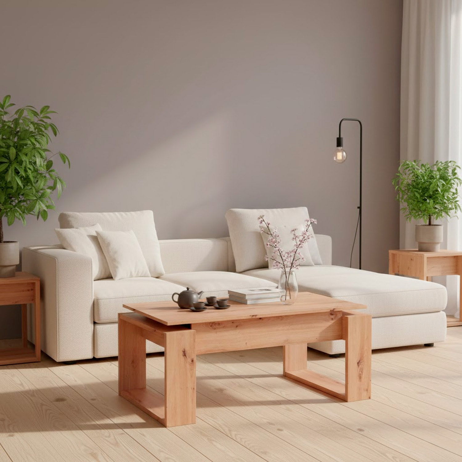 Tavolino Rialzabile Da Caffè Con Piano Sollevabile Tavolo Da Soggiorno Pranzo Moderno Salvaspazio Ideale per Mangiare Lavorare 105 x 55 x 45 cm Rovere