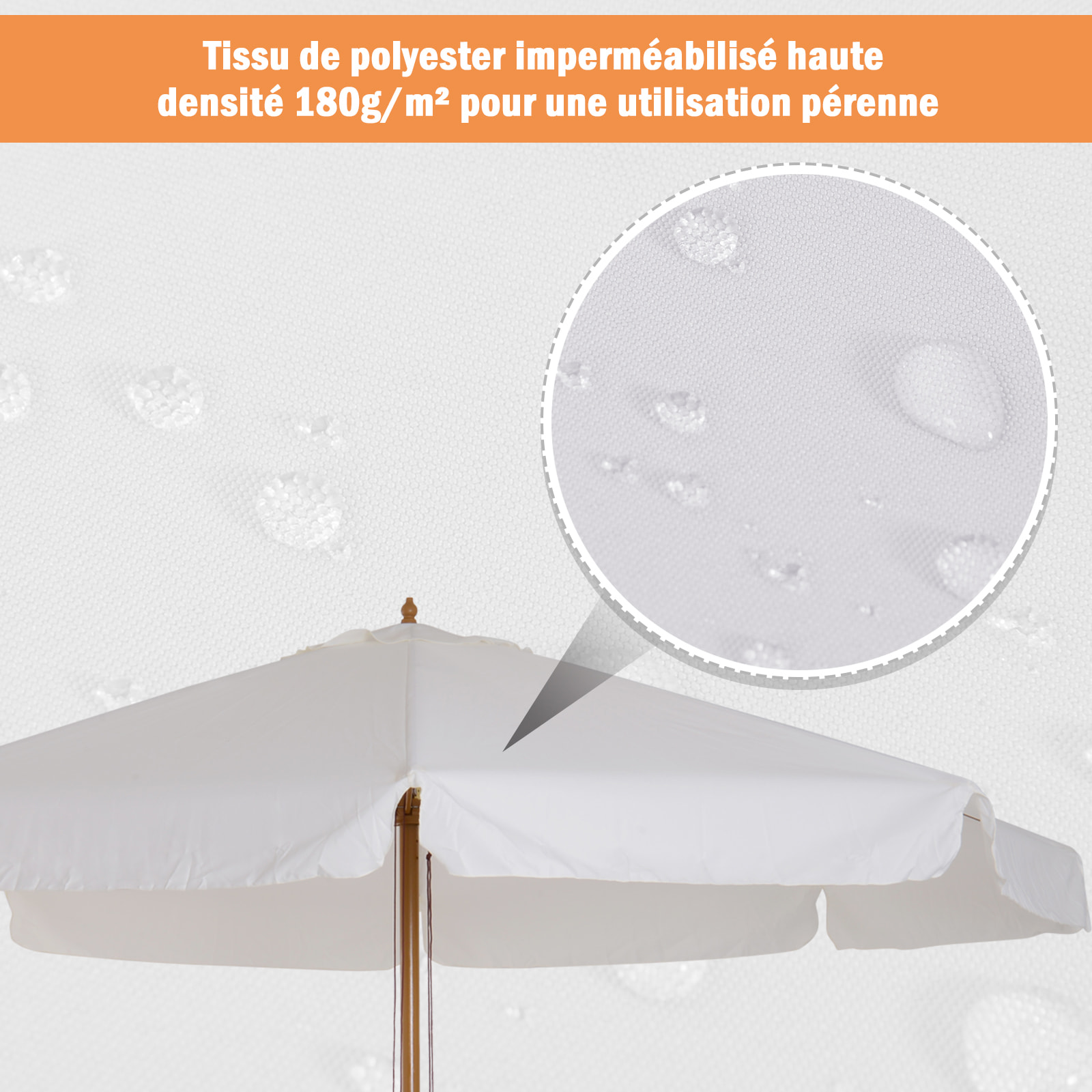 Parasol droit rond grande taille de jardin Ø 3,25 x 2,5H m bois de bambou polyester crème