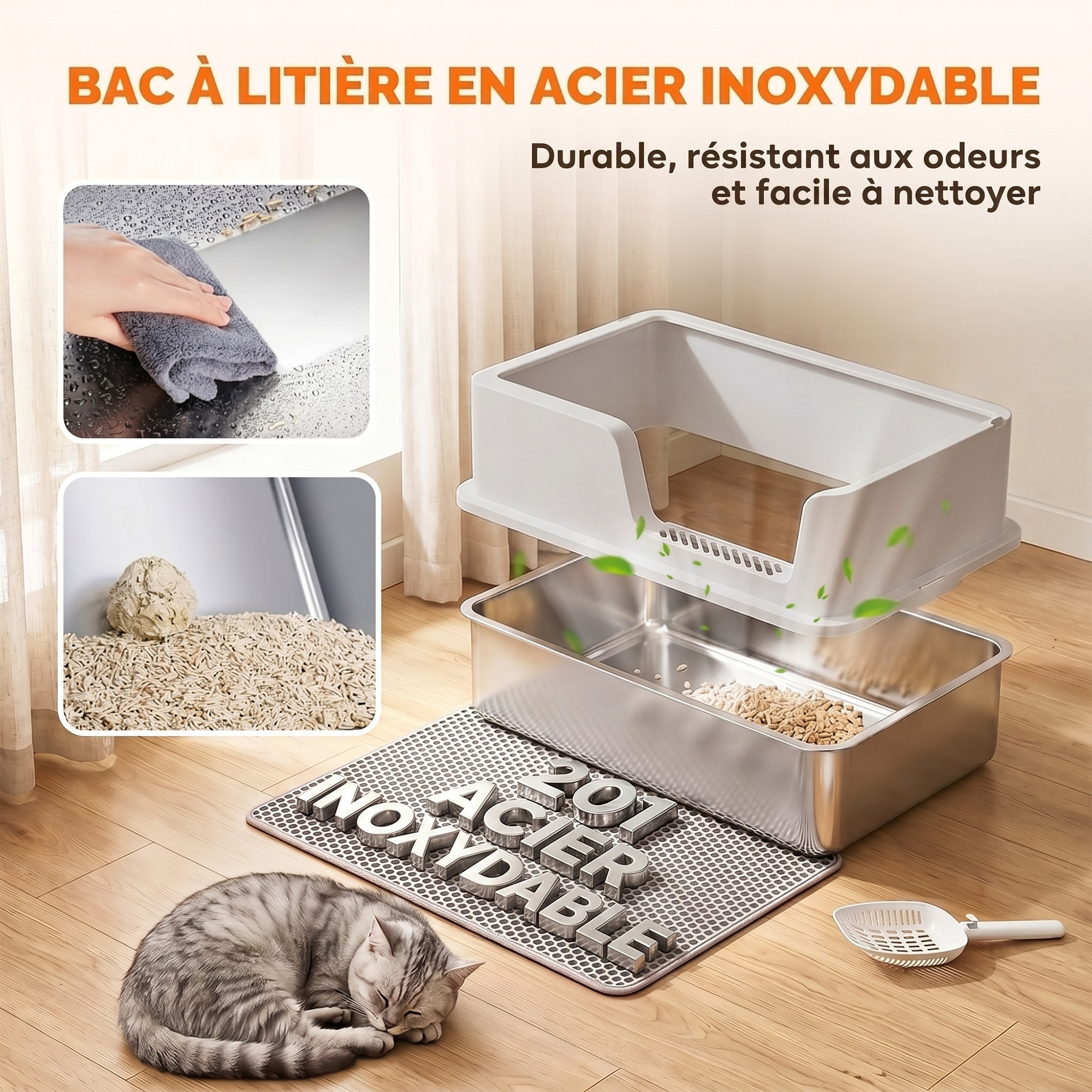 Bac à litière chat acier inox hauts rebords tapis pelle brosse