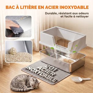 Bac à litière chat acier inox hauts rebords tapis pelle brosse