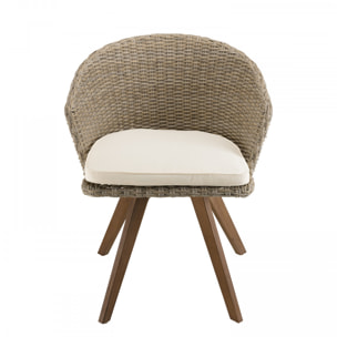 VICTOIRE - Chaise de jardin en rotin synthétique couleur naturelle avec coussin écru pieds en bois Acacia