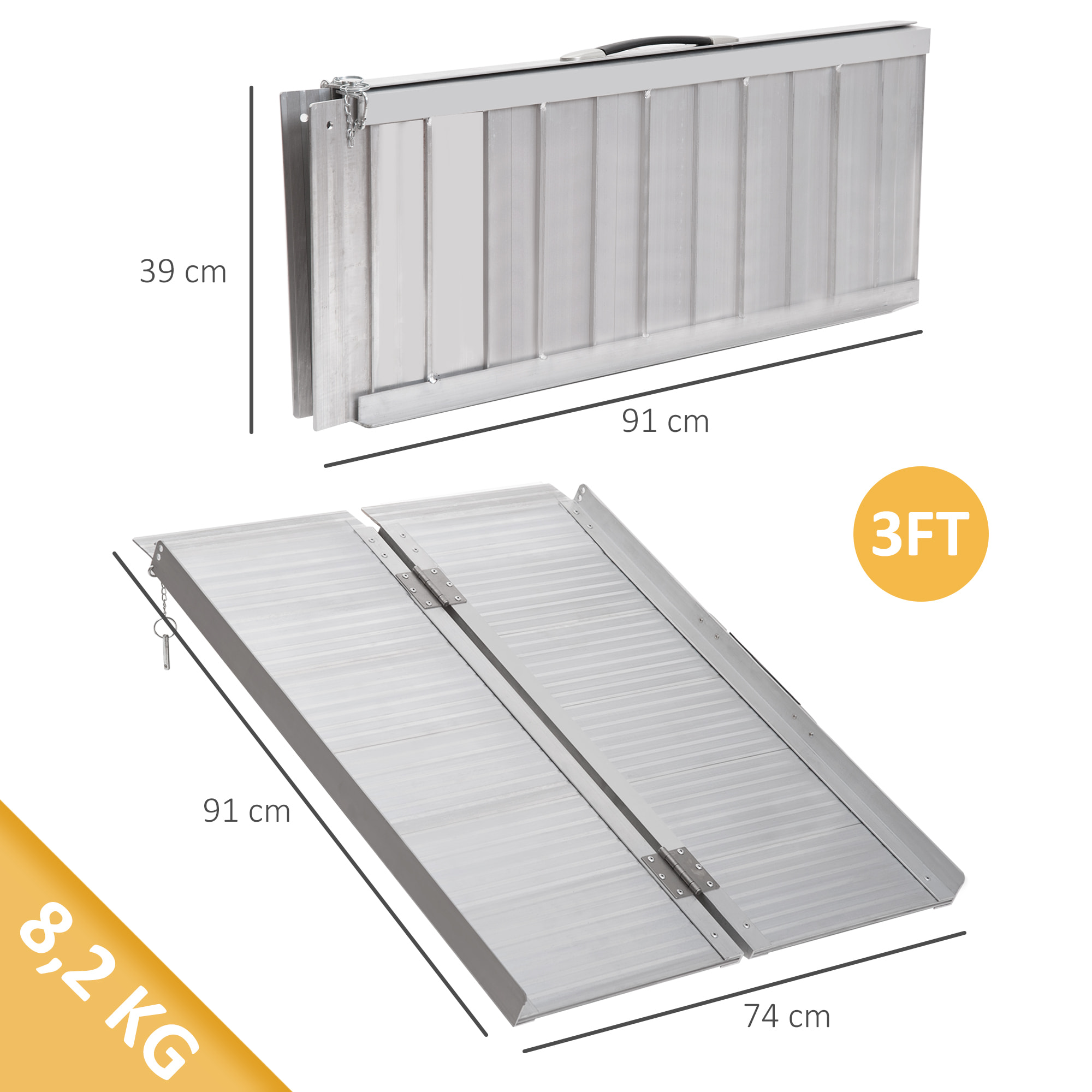 Rampa para Sillas de Ruedas Plegable, 91 cm, Carga 270 kg, Rampa Portátil de Aluminio Antideslizante con Bordes de Seguridad y Asa, para Escaleras, Puertas, Discapacitados