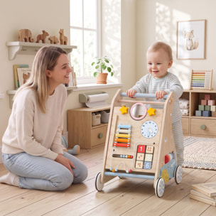 AIYAPLAY Andador Madera Bebé 3 en 1, Caminador Bebé con Juguetes Montessori, Panel Desmontable de Doble Cara, Centro de Actividades con Almacenaje, Ruedas, Niños de 1-3 Años y Altura +75 cm, Natural
