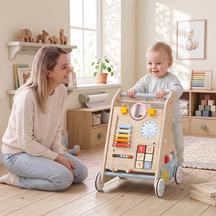 AIYAPLAY Andador Madera Bebé 3 en 1, Caminador Bebé con Juguetes Montessori, Panel Desmontable de Doble Cara, Centro de Actividades con Almacenaje, Ruedas, Niños de 1-3 Años y Altura +75 cm, Natural