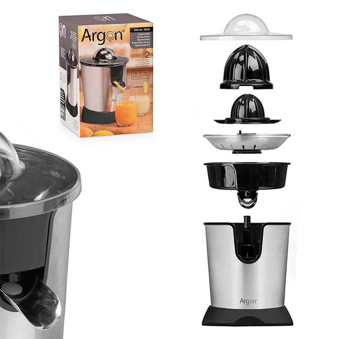 Exprimidor de acero inoxidable con 350ml y 85W. Con dos conos de diferentes tamaños.