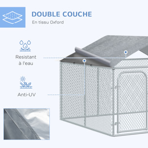 Chenil extérieur avec toit pour chien 5 m² - parc grillagé 230 x 230 x 175 cm - espace couvert - acier galvanisé