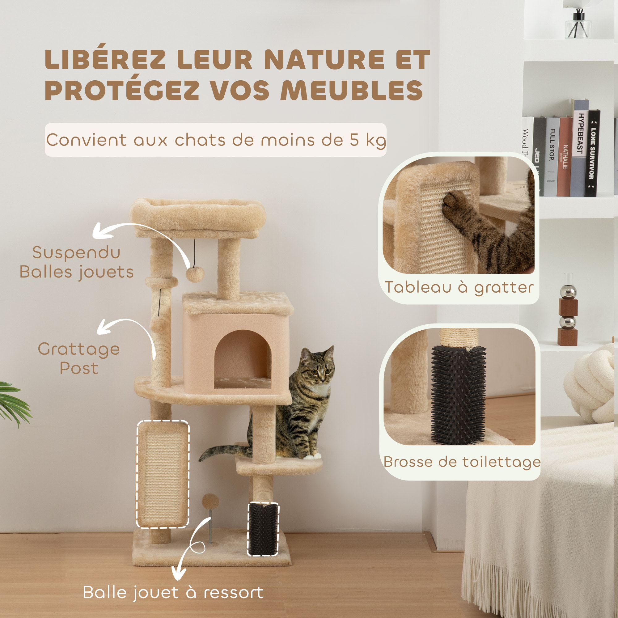 Arbre à chat H.104 cm - griffoir, grattoir, bande massante, jeux boules, niche, plateforme observation - beige