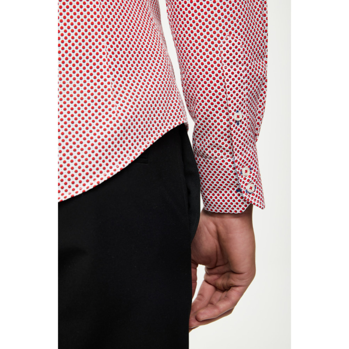 Camicia Uomo 2 Bottoni Button Down 7 Bottoni Slim Cotone Poliestere Stampa Bianco e Rosso