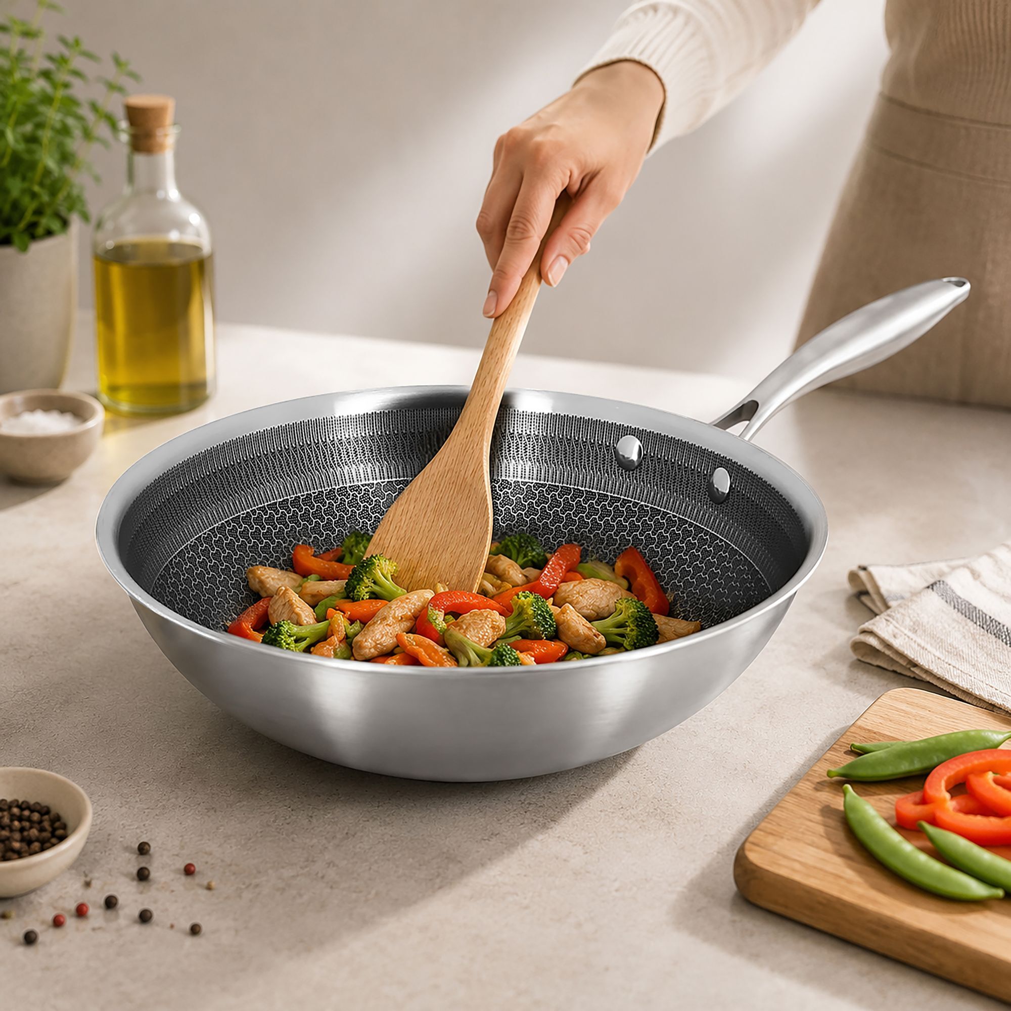Wok en acier inoxydable revêtu antiadhésif 28cm - tous feux TRINOX