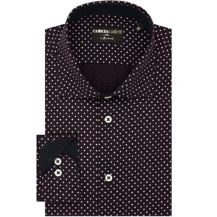Camicia Uomo 1 Bottone Francese Slim Cotone Poliestere Stampato Rosso Bordeaux/Bianco