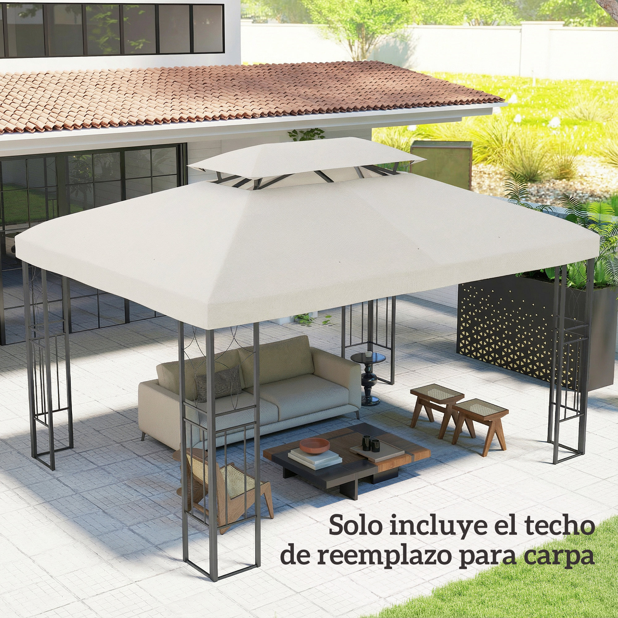 Techo de Repuesto para Cenador, 4x3 m, Cubierta de Repuesto con Techo Doble, 10 Orificios de Drenaje y Protección UV, SOLO Toldo de Recambio para Pabellón Gazebo, Blanco Crema