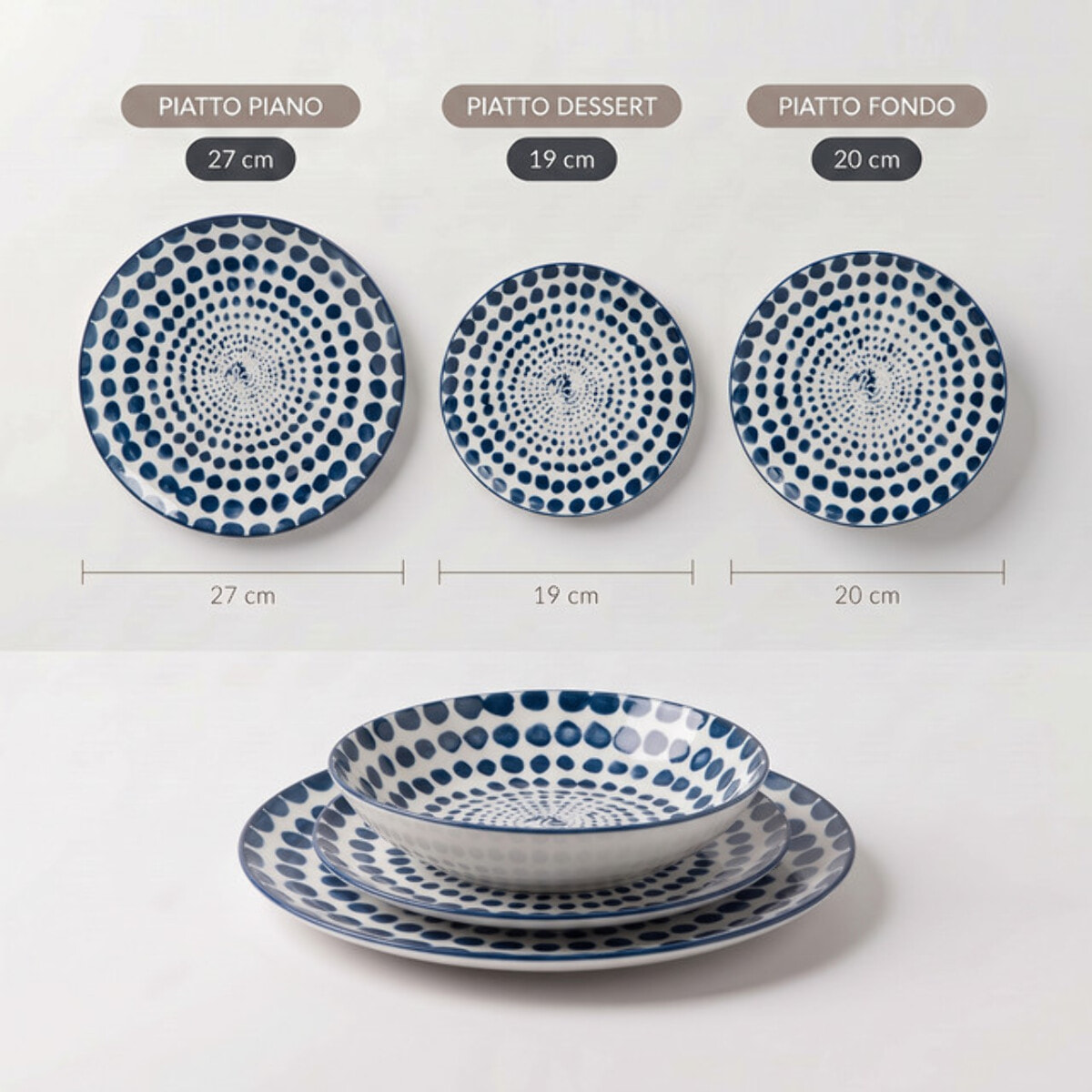 Servizio piatti 18 pezzi decoro concentrico in porcellana - Blu