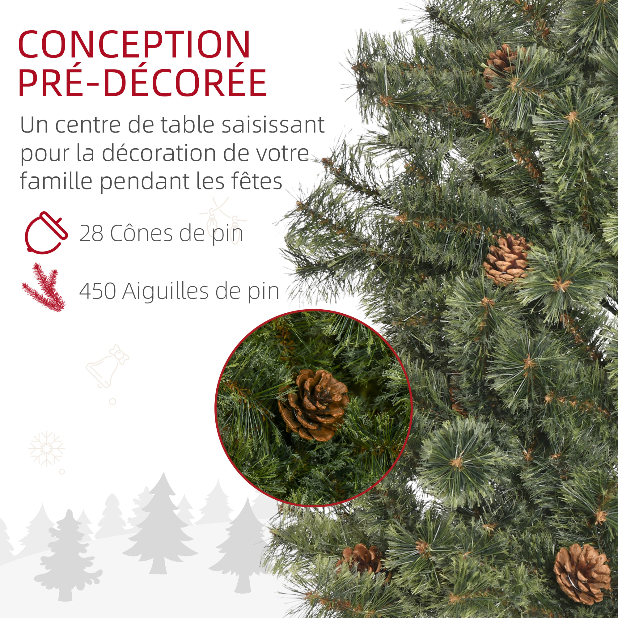 Sapin de Noël artificiel Ø 87 x 180H cm - 450 branches épines imitation Nordmann grand réalisme - 28 pommes de pin - métal PVC vert