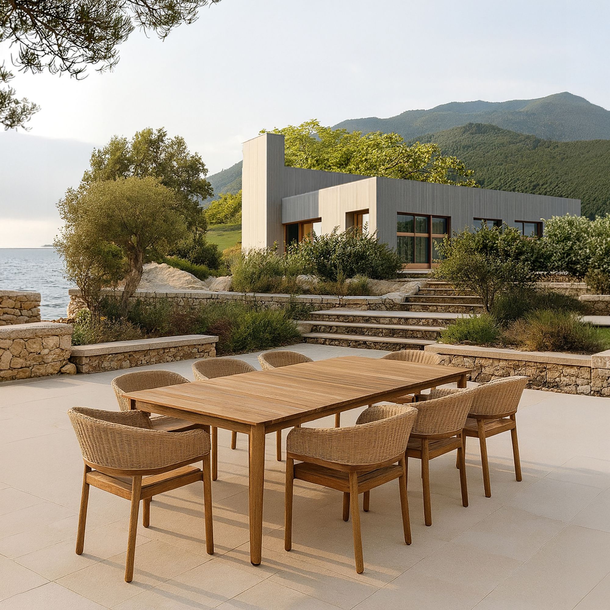 Ensemble table et 8 fauteuils de jardin en bois d'acacia et osier ALHAMBRA