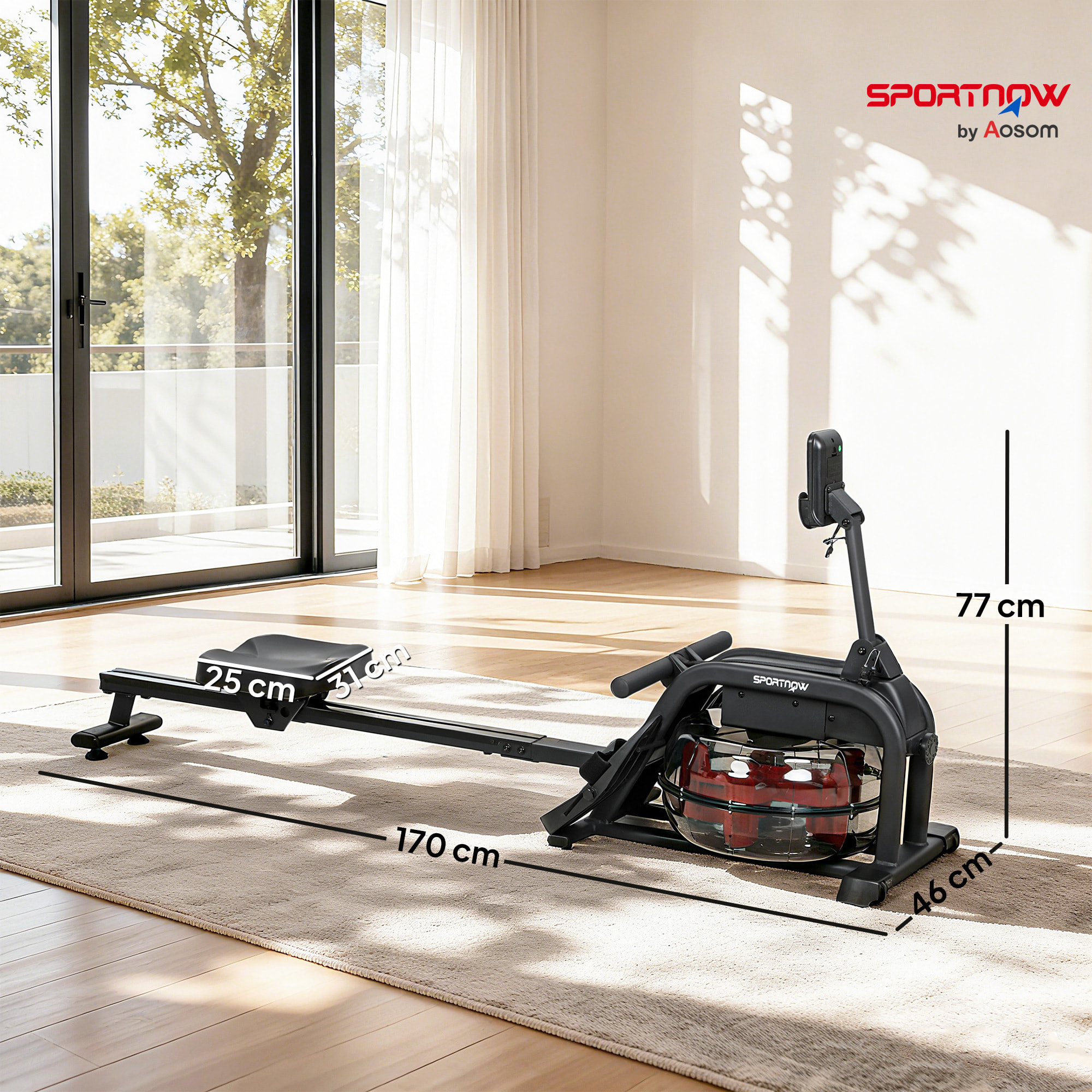 Rameur à eau résistance ajustable réservoir 6-11L écran LCD multifonction rangement vertical acier noir