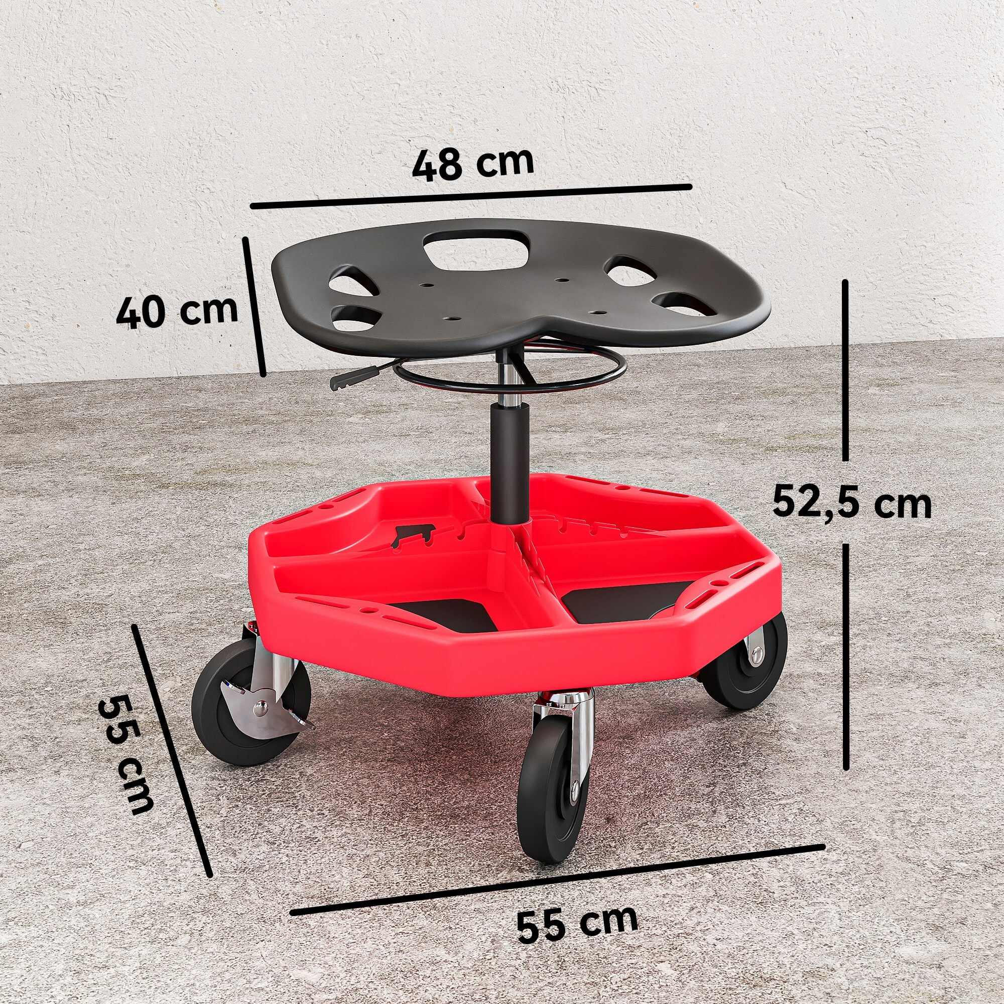 Taburete de Taller Móvil con Bandeja Magnética, Altura Ajustable de 52â‚¬â€œ59,5 cm, Carga 135 kg, Asiento Taburete para Mecánico con Ruedas, para Garaje, Reparación de Automóviles, Rojo