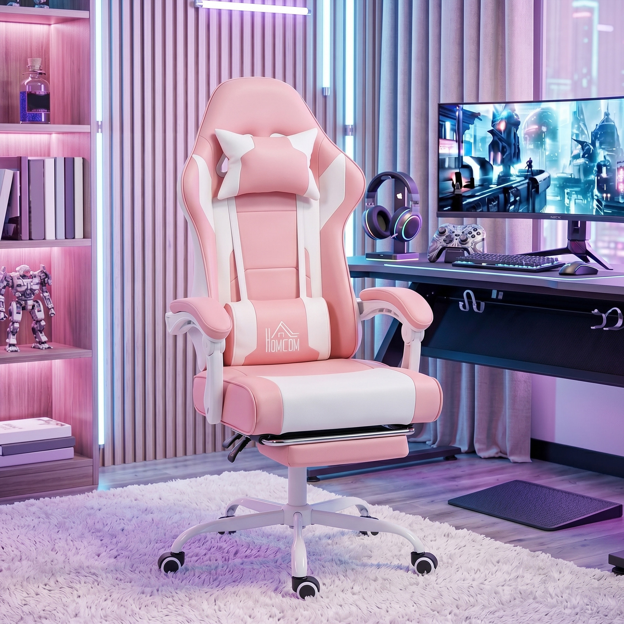 Silla Gaming Ergonómica, Silla Gamer con Lumbar Masaje Vibración, Reclinable 155°, Altura Ajustable, Reposacabezas y Reposapiés Retráctil, para Oficina, Estudio, Rosa