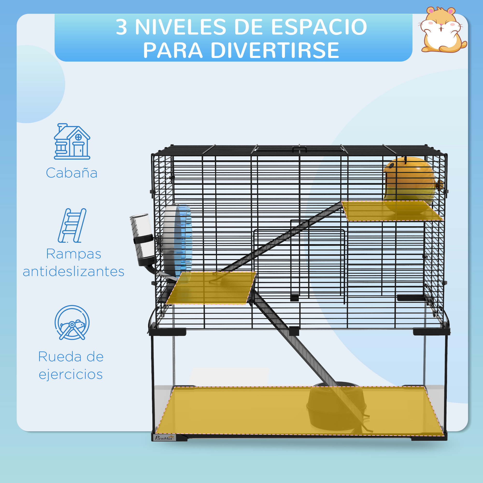 Jaula para Hámster Casa para Animales Pequeños con Fondo de Vidrio Plataformas Cuenco Bebedero Casita Rampas y Rueda de Ejercicio 60x40x54,5 cm Negro