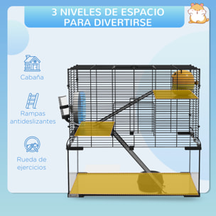Jaula para Hámster Casa para Animales Pequeños con Fondo de Vidrio Plataformas Cuenco Bebedero Casita Rampas y Rueda de Ejercicio 60x40x54,5 cm Negro