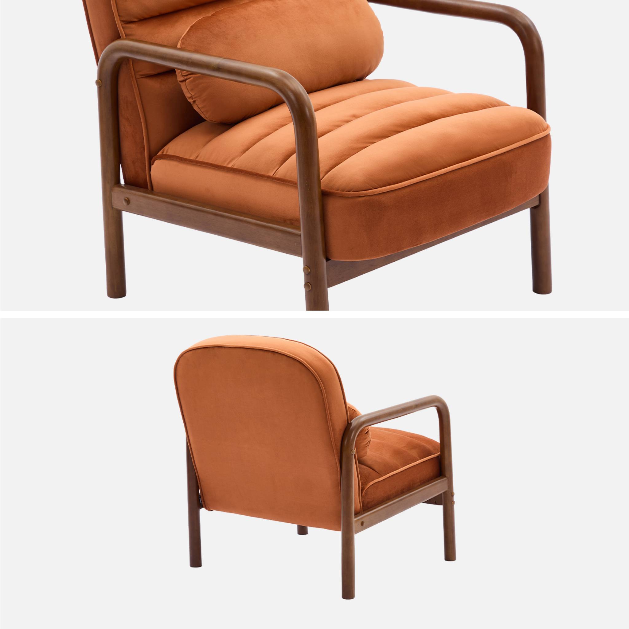 Fauteuil scandinave bois d'hévéa teinté noyer et tissu velours terracotta