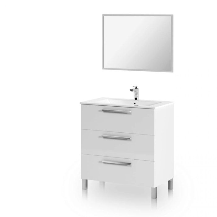 Mueble de baño de 3 cajones en blanco brillo con espejo 80 cm Feel Blanco Brillo