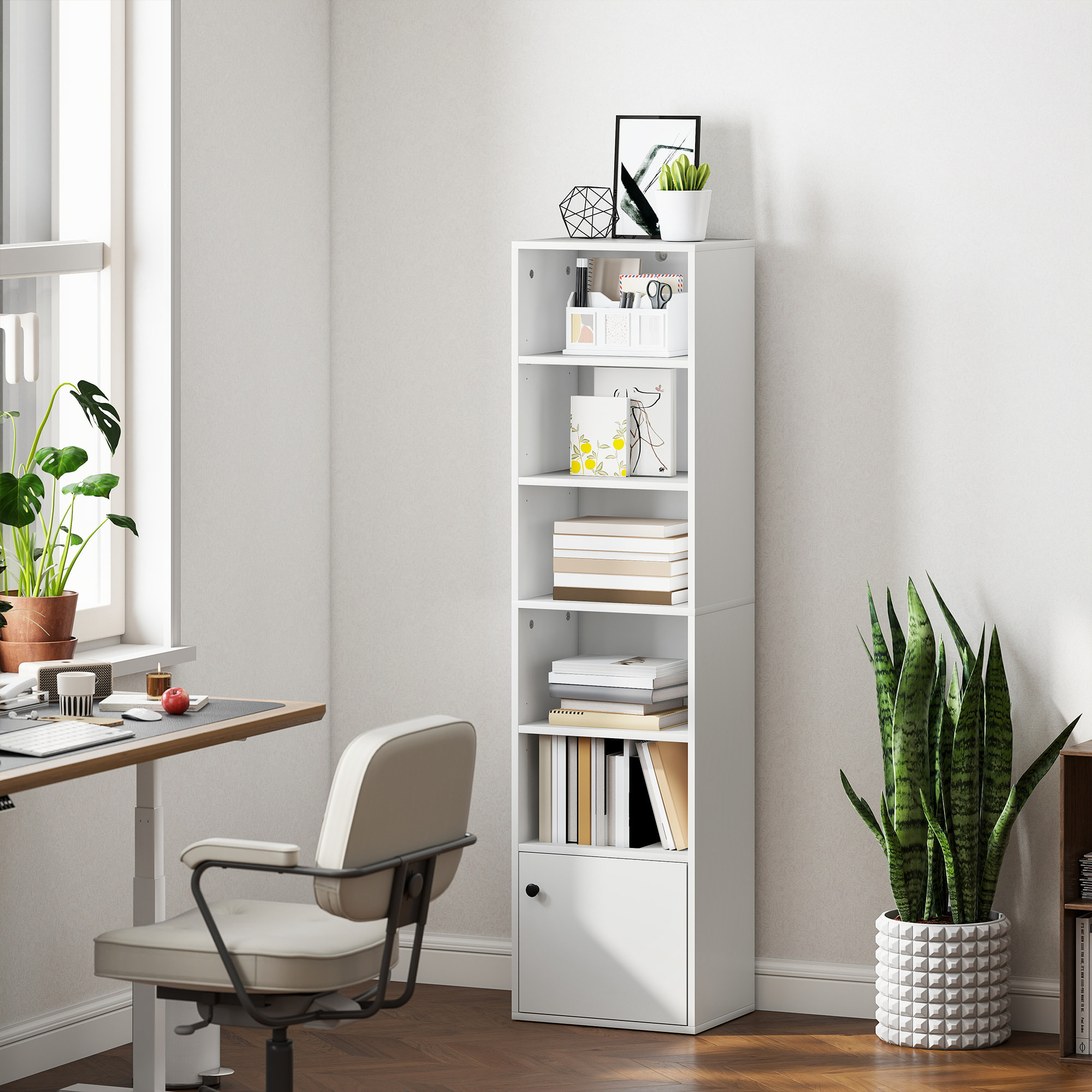 Librería de 6 Niveles, Estantería para Libros con Estantes Ajustables y Puerta, Estantería Moderna, 40x30x156 cm, para Salón, Dormitorio, Estudio, Oficina, Blanco