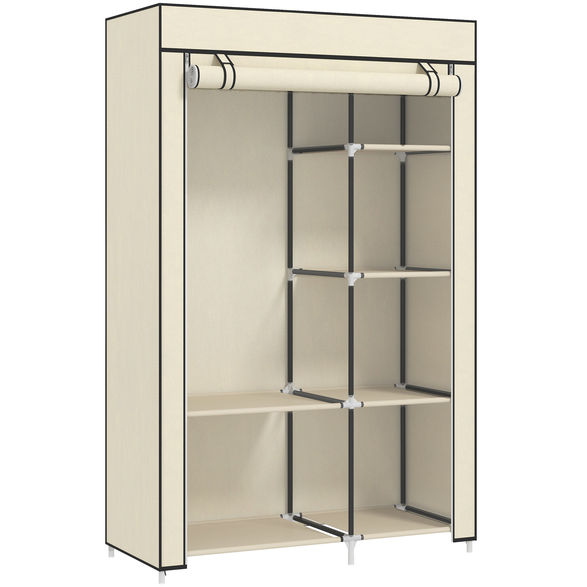 Armoire penderie multi-rangement - 6 étagères, 1 barre - dim. 103L x 43l x 162,5H cm - acier noir non tissé beige
