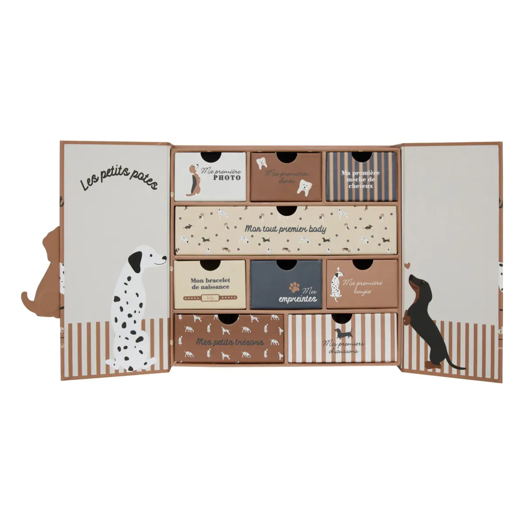 Coffret de naissance souvenirs chien 9 tiroirs beige