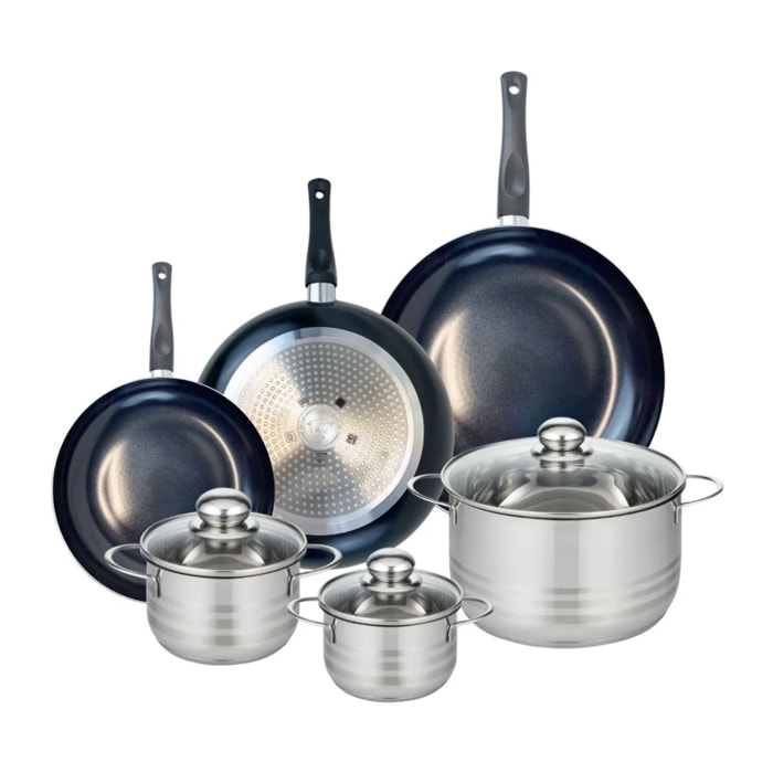 Ensemble de 3 Poêles de cuisson 24, 28 et 32 cm et 3 faitouts 14, 16 et 24 cm Elo Prima Brillant