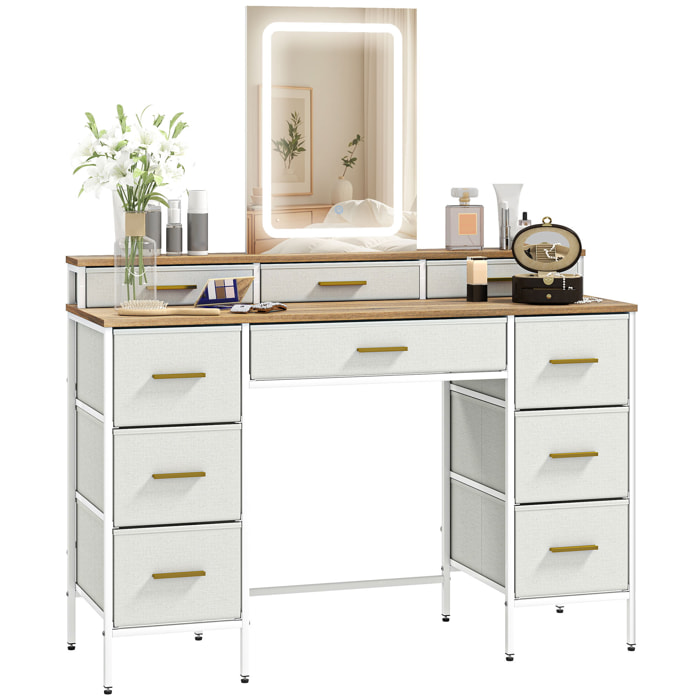 Tocador con Luces LED de 3 Colores, Tocador de Maquillaje con Espejo, Mesa de Maquillaje con 10 Cajones de Tela, Patas de Acero, Moderno, para Dormitorio, Salón, Natural