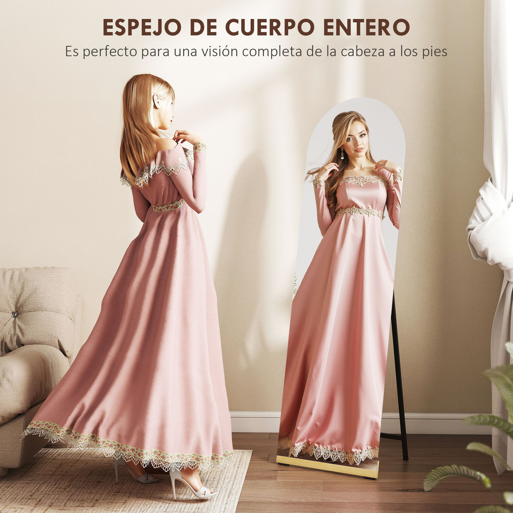 Espejo de Cuerpo Entero Curvado 160x50 cm, Espejo de Pie o Apoyado en la Pared, sin Marco, Base de Madera, para Salón, Dormitorio, Pasillo, Entrada