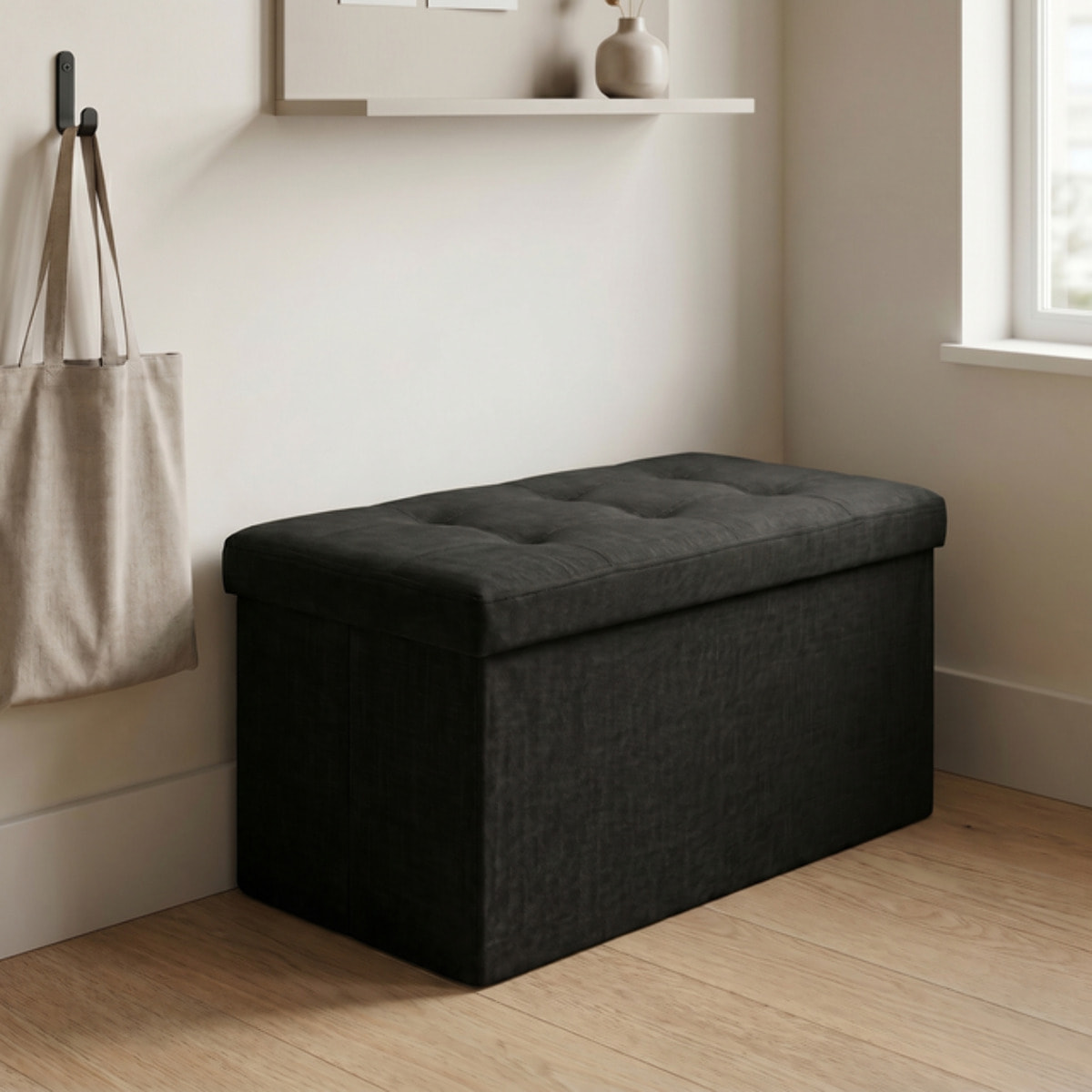 Pouf contenitore imbottito in tessuto con seduta lunga, panca multifunzione con spazio interno, ideale come poggiapiedi, seduta o contenitore, pratico e versatile per soggiorno, camera o ingresso, facile da pulire, dimensioni 76x34x34 cm